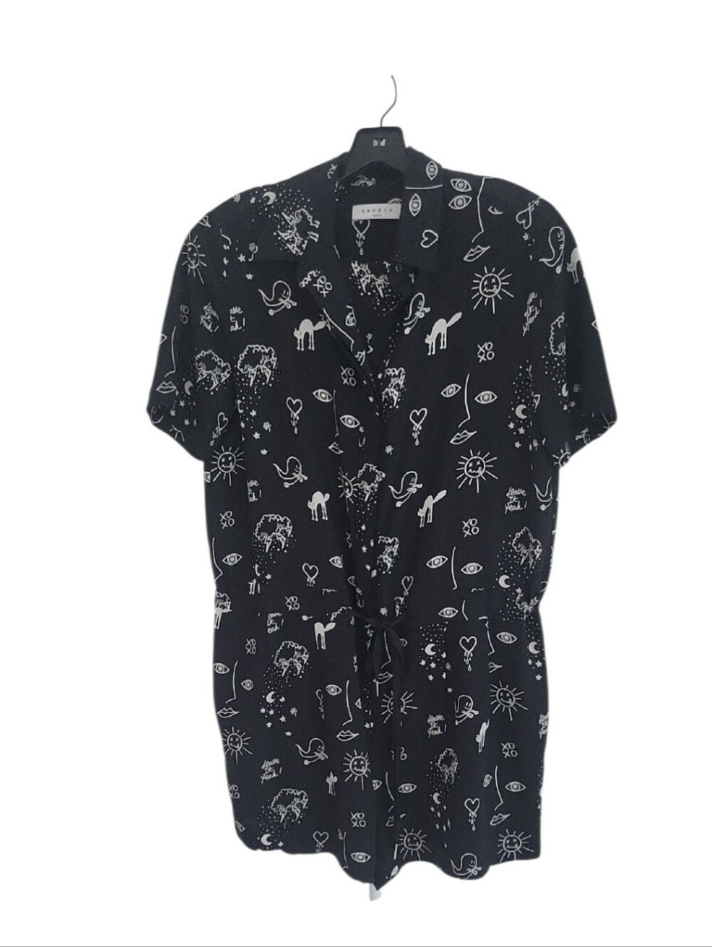 Sandro Paris Silk Short Sleeve Black Graphic Print Romper Size 2 - Picture 2 of 14